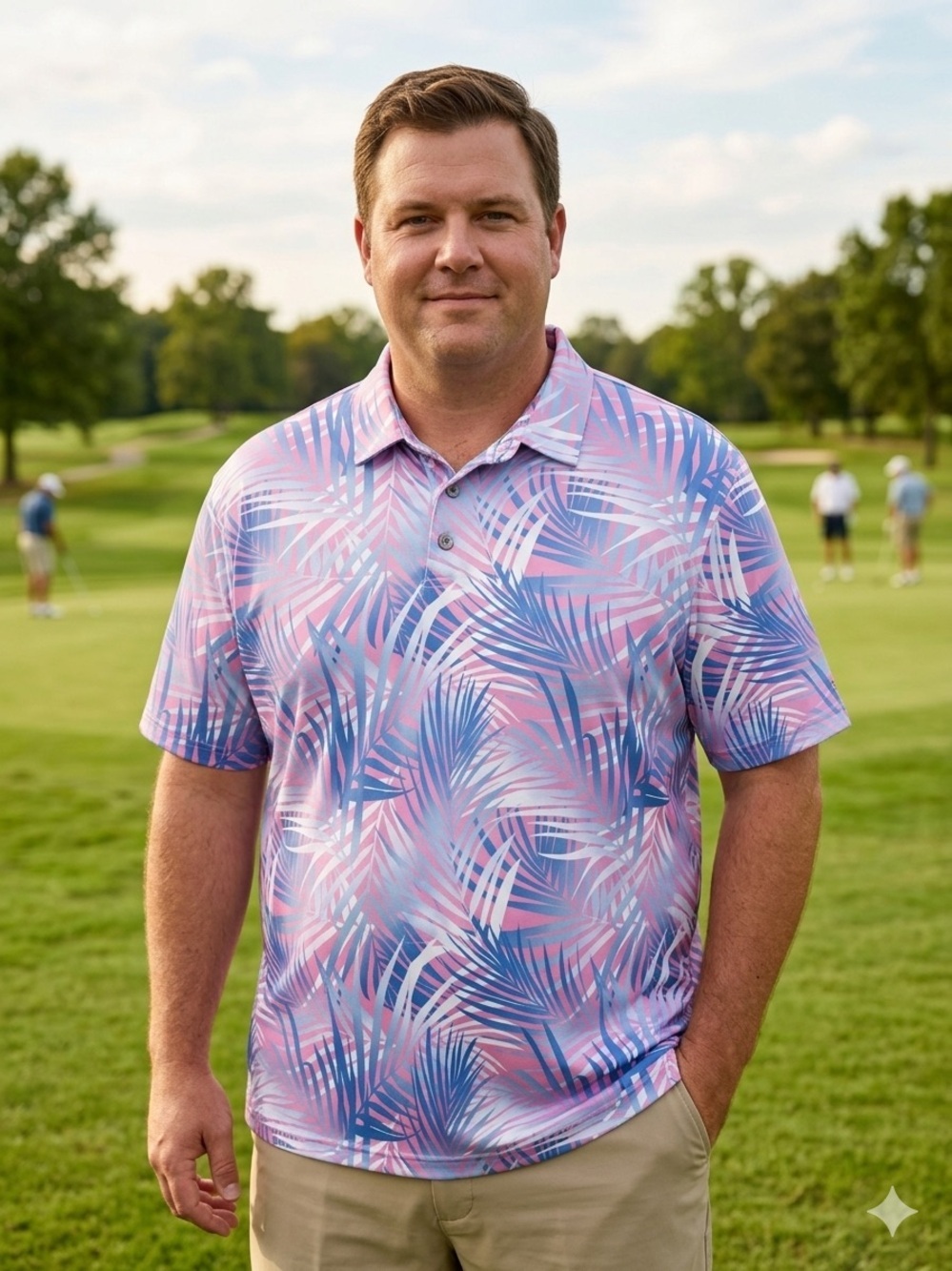 PGA Tour Pink & Blue Palm-Print Short-Sleeve Polo